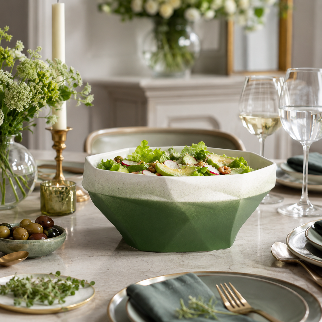 Folded Surface Ceramic Bowl (Green)